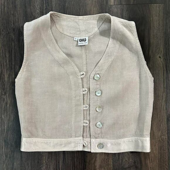 Vintage Johnny Was 100% Linen Vest Pearl Button Front VNeck Taupe Cream Sz Small - Picture 3 of 6